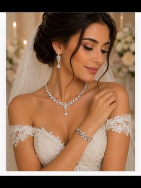 New Bridal Crystal Leaf Necklace, Earrings & Bracelet Set - White Gold Plated